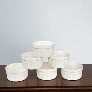 Set of 6 White Ribbed Porcelain Ramekins 2" Baking Bowls - Very nice Condition